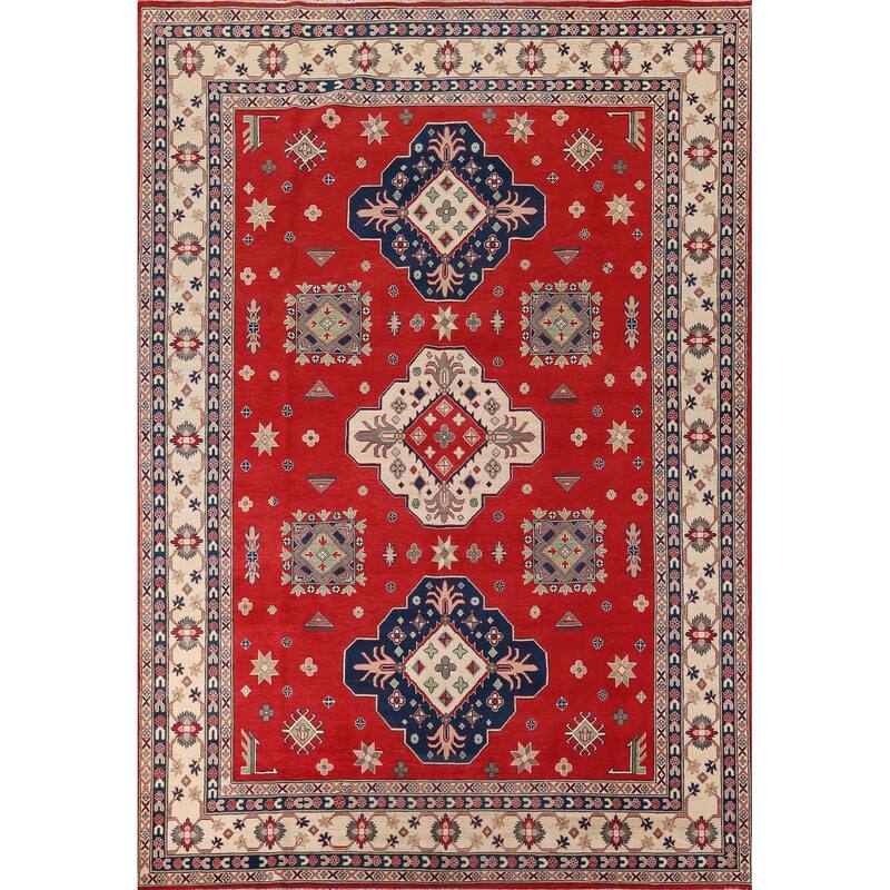Red Kazak Area Rug Hand-Knotted Geometric Wool Carpet - 9'0" x 12'4"