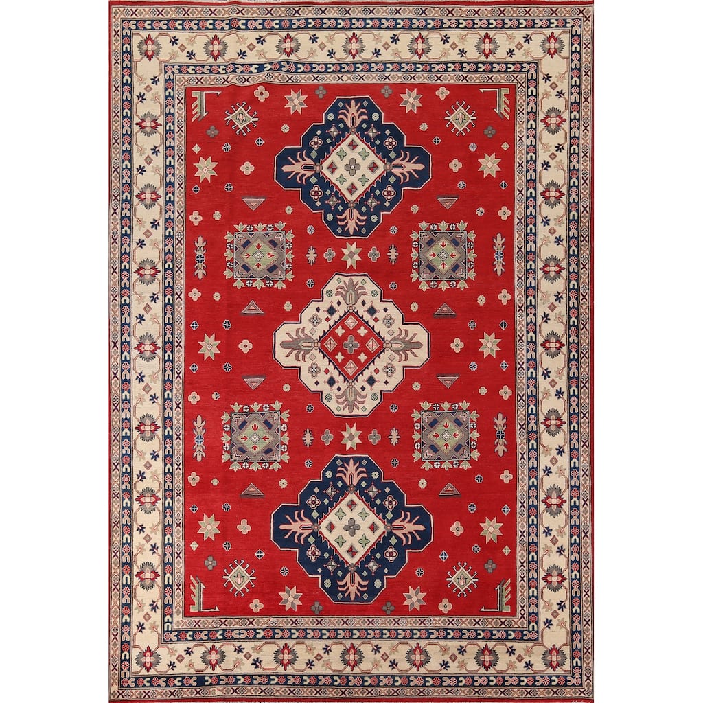 Red Kazak Area Rug Hand-Knotted Geometric Wool Carpet - 9'0" x 12'4"