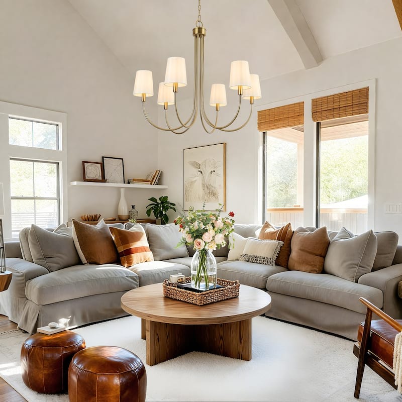 Mid-Century Modern Gold 6-Light French Chandelier Fabric Pendant Lights for Dining Room