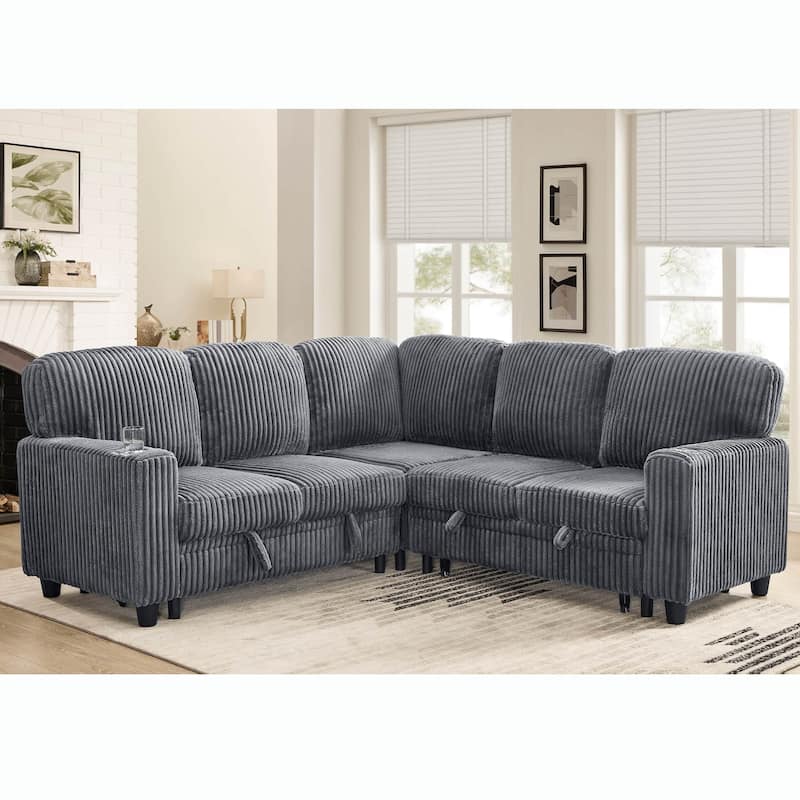 5-Seat Corduroy Storage Sectional Sofa Sleeper Couch with Pull-Out Bed
