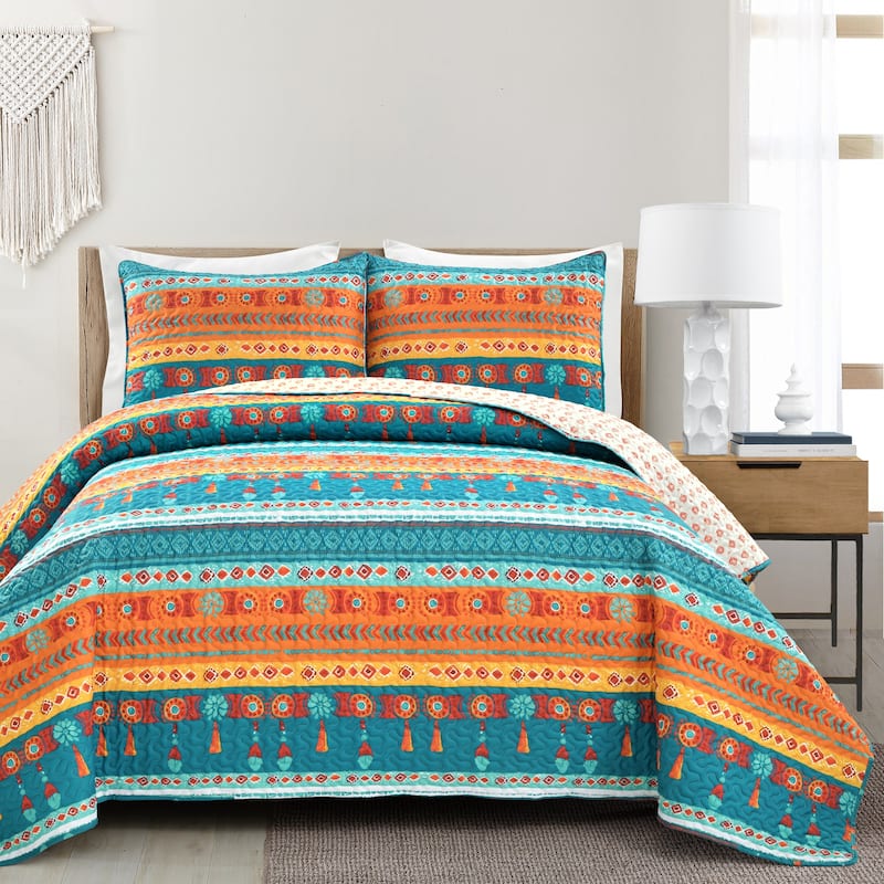 Lush Decor Boho Watercolor Border Quilt Set - TURQUOISE/MULTI - King