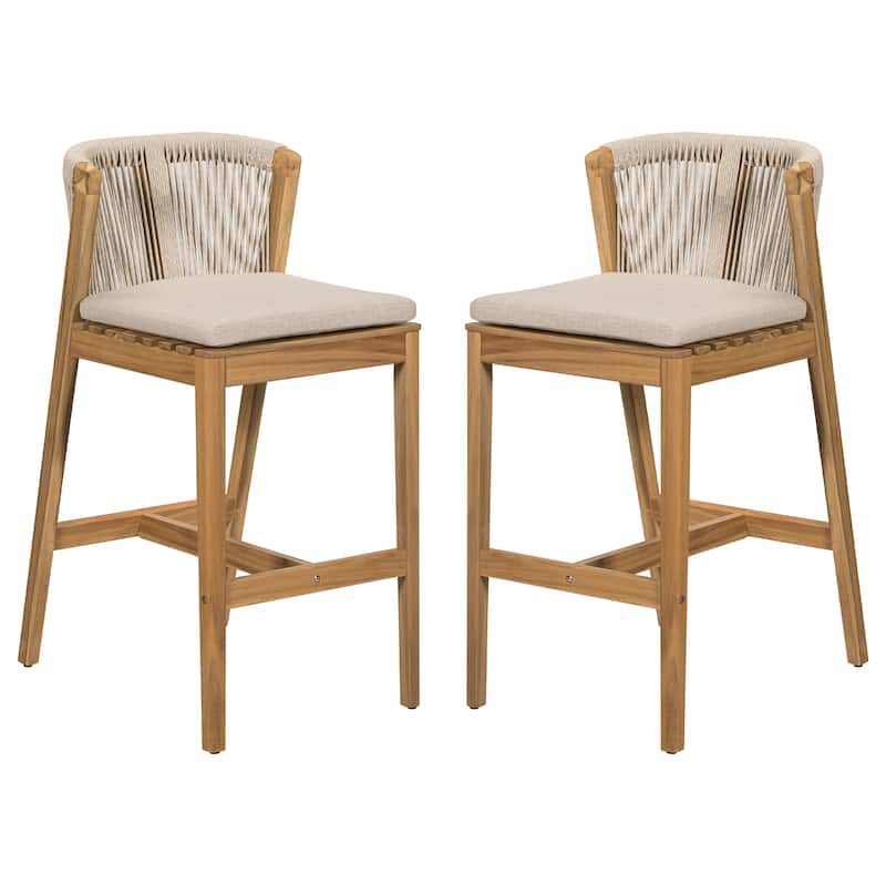 Roomfitters Louie Outdoor Acacia Wood Barstools with Rope Woven Back, Teak Finish and Beige Set of 2 - Beige