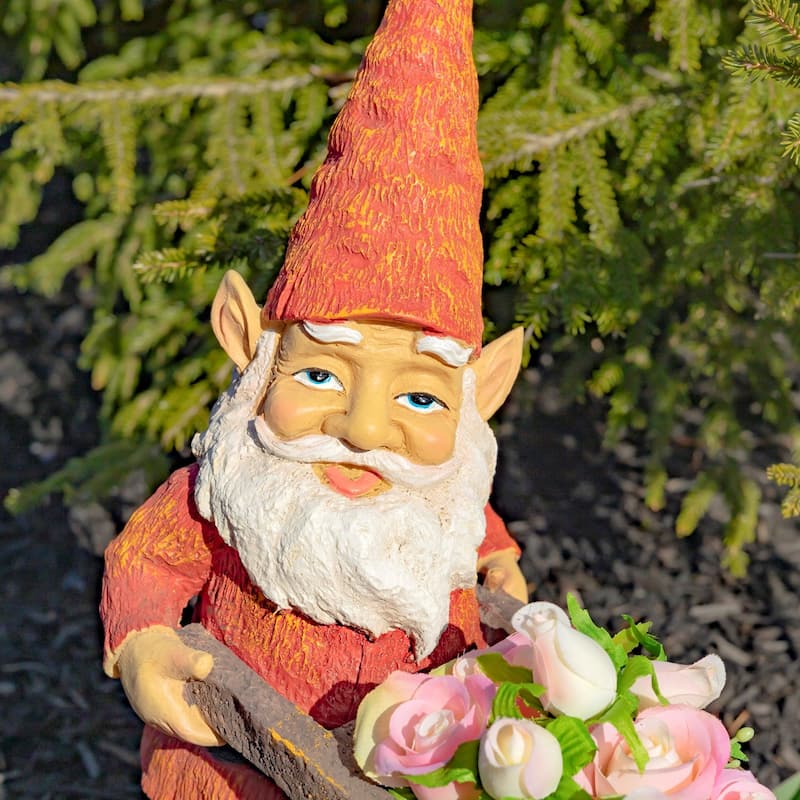 17 Inch Tall Spring Gnome Garden Statue with Wheelbarrow