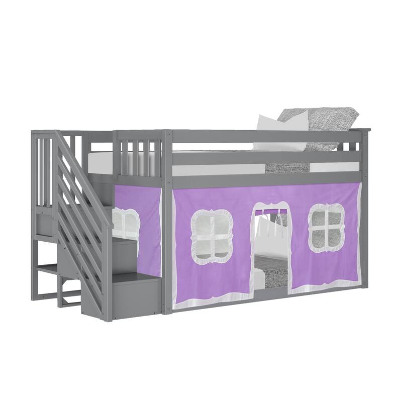 Max and Lily Twin over Twin Low Bunk Bed with Staircase and Curtains