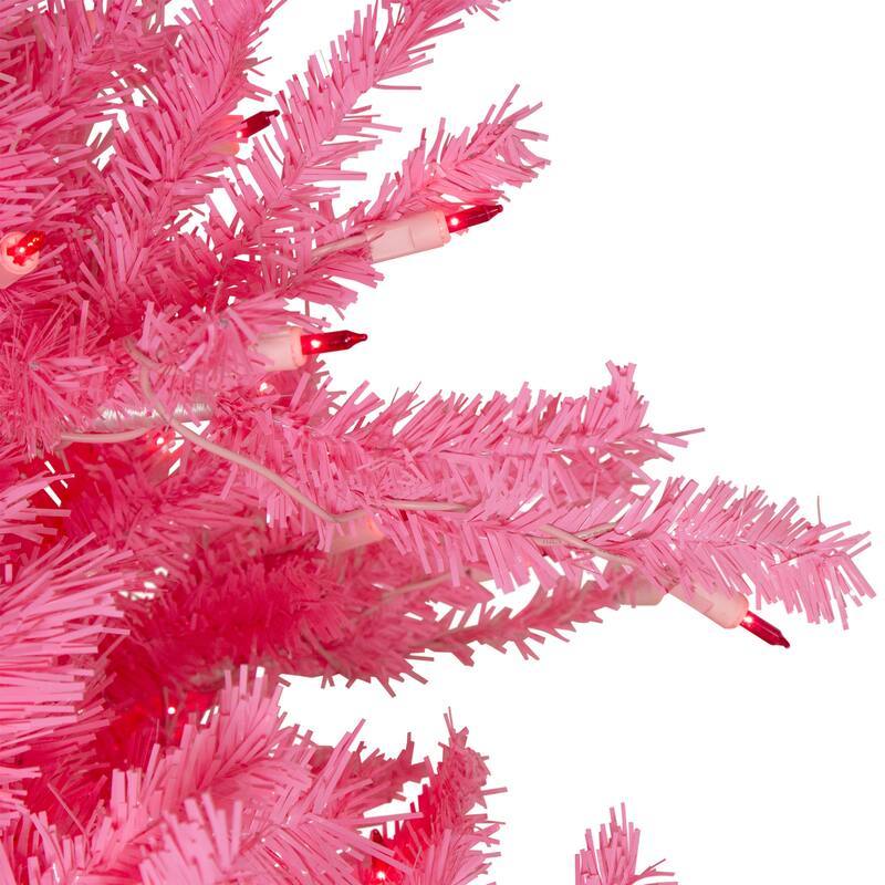 Pre-Lit Slim Tinsel Artificial Christmas Tree - 7.5' - Pink - Pink Lights - 7.5 Foot