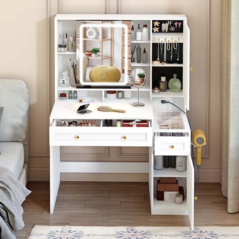 Modern White 3-Drawer Vanity Set with Sliding LED Mirror, Charging Station & 3-Color Lighting