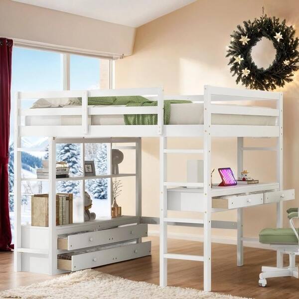slide 2 of 12, Multi-functional Design Full Size Loft Bed with Built-in Desk with 2 Drawers and Storage Shelves, Space Saving, White White