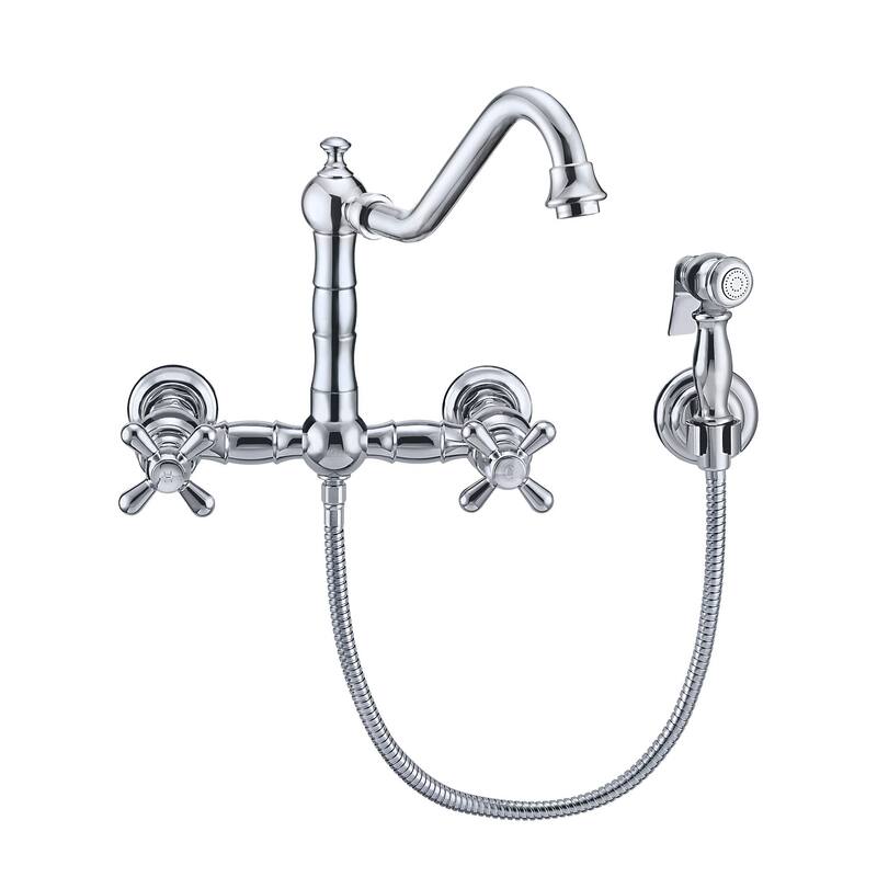 Vintage III Plus Wall Mount Faucet with a Long Traditional Swivel Spout, Cross Handles and Solid Metal Side Spray