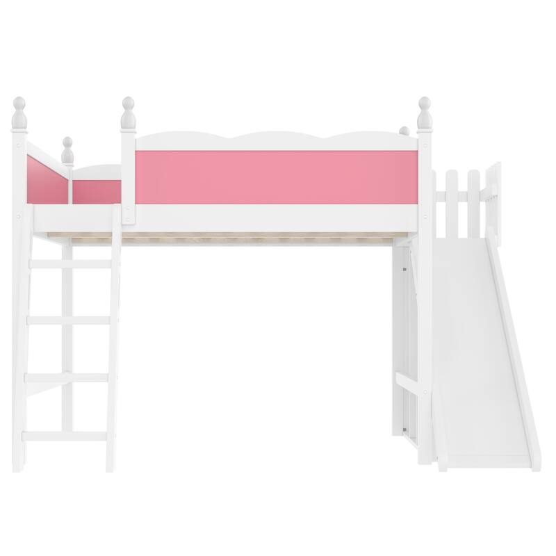 Queen Loft Bed with Storage Shelves and Cabinet, Solid Wood Loft Beds with Detachable Slide and Ladders, No Spring Box Needed