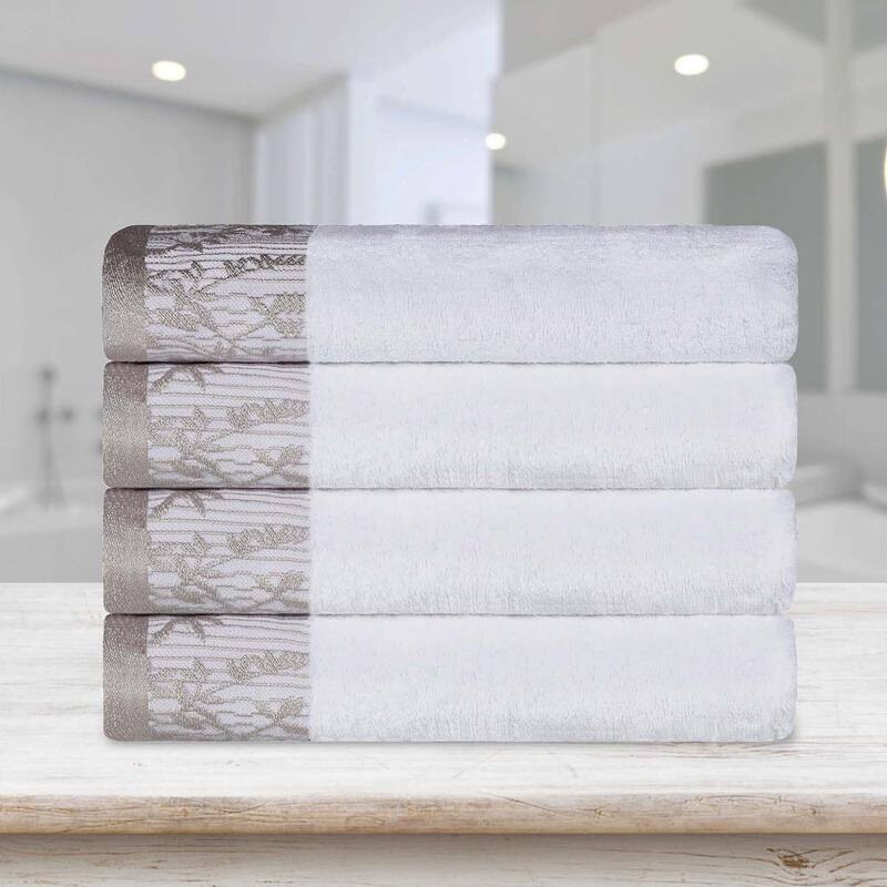 Superior Wisteria Cotton Floral Jacquard Border Bath Towel Set - White