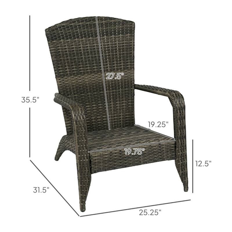 Grey Wicker Rattan Adirondack Chair with Cushion, Armrest and Curved Back - 25.2" W x 31.5" D x 35.5" H