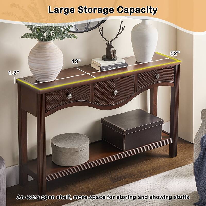 52 Inch Fluted Wood Console Table with 3 Drawers and Solid Wood Legs for Living Room Entryway Decor