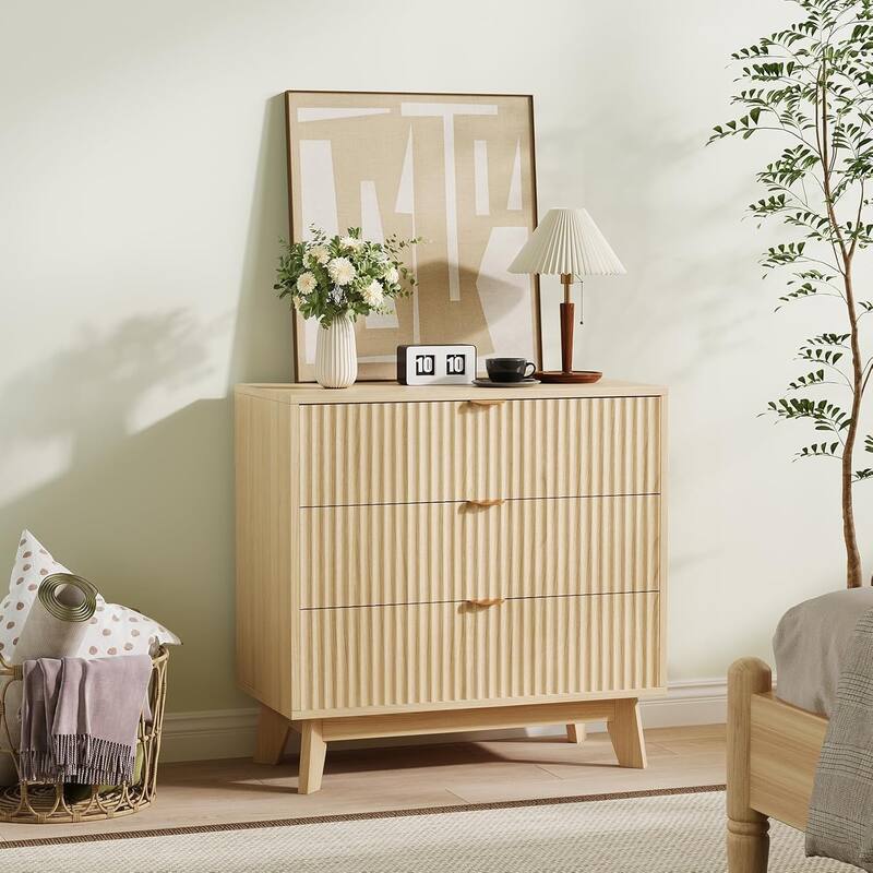 3 Drawer Dresser Set of 2, Mid Century Modern Dresser Drawers, Waveform Fluted Side Table