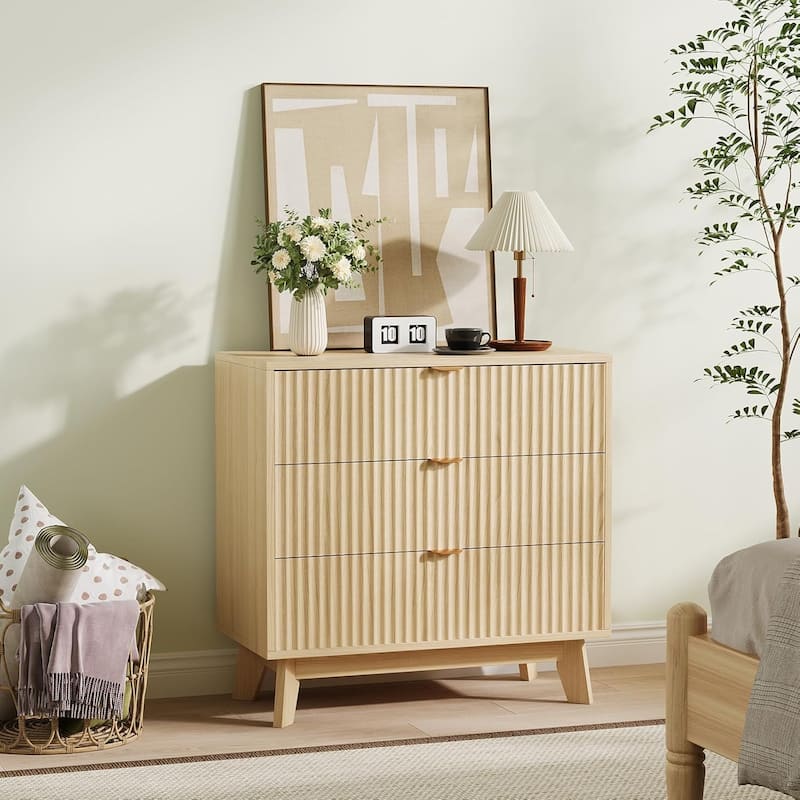 Mid-Century Fluted 3/4/5-Drawer Dresser, Natural Wood Chest of Drawers