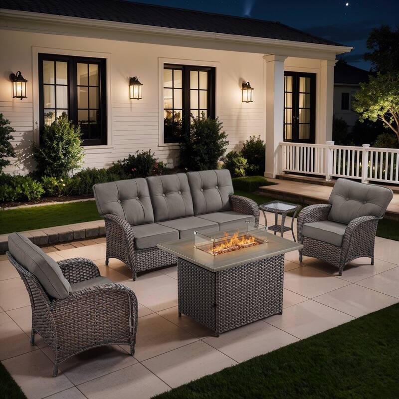 Gymojoy 5-Piece Outdoor Wicker Patio Furniture Sofa Set with 55,000 BTU Fire Pit Table, Thick Cushions