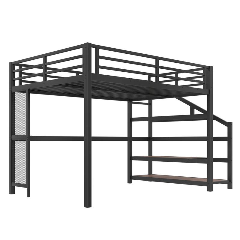 Queen Size Loft Bed Frame with Built-in Desk, Storage Stairs, LED Lights, Charging Station and Multifunctional Iron Nets