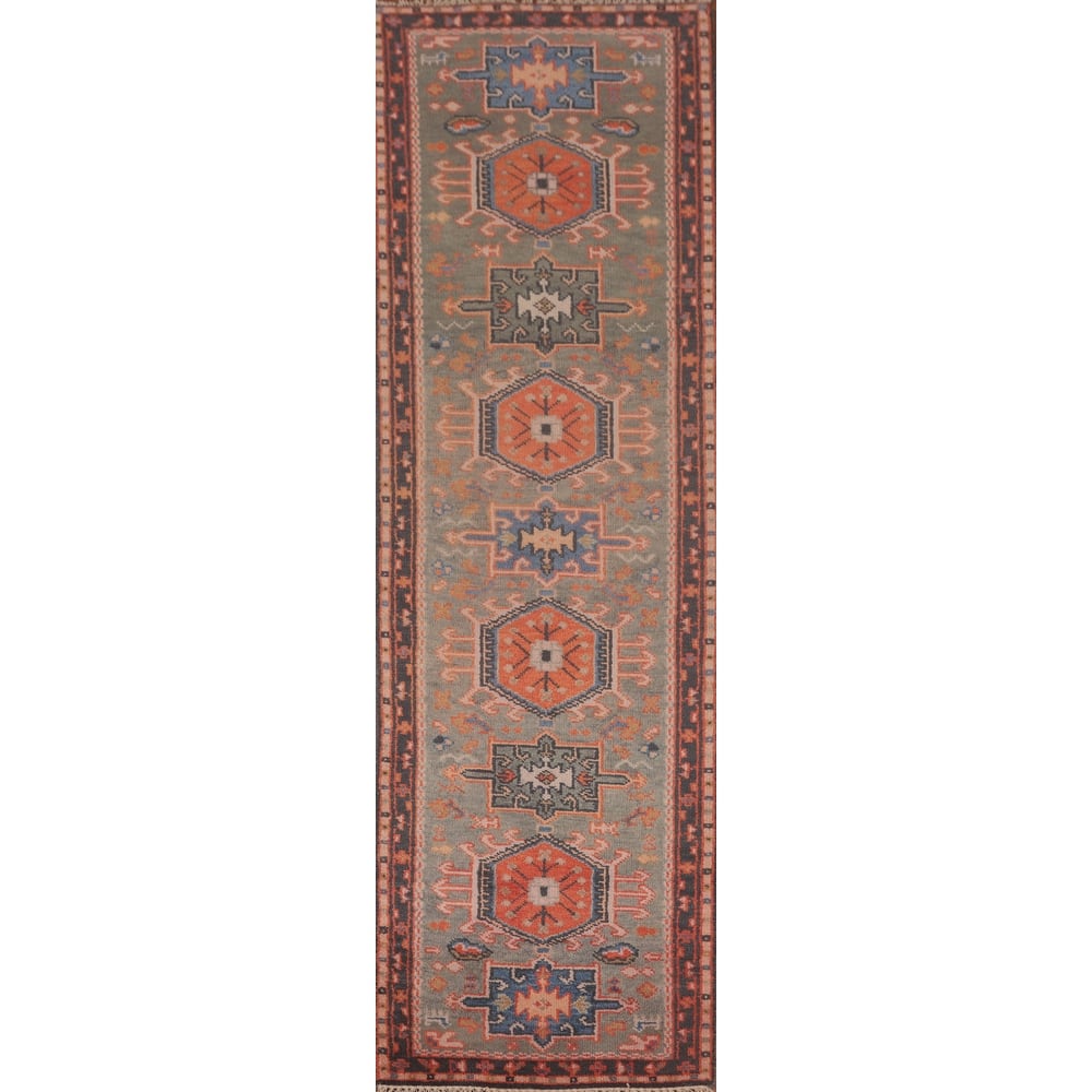 Geometric Kazak Runner Rug Handmade Grey Wool Carpet - 2'6"x 9'10"