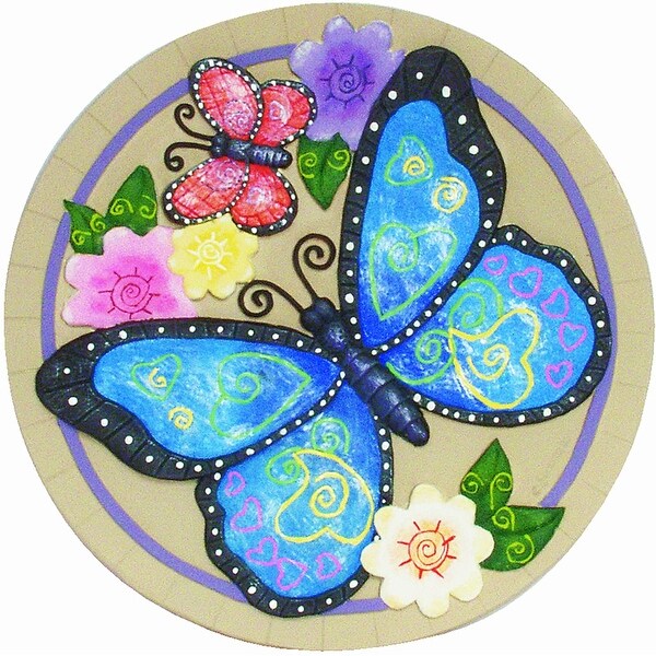 Set of 2 Blue Butterfly and Flowers Decorative Garden Stones - Multi-Color