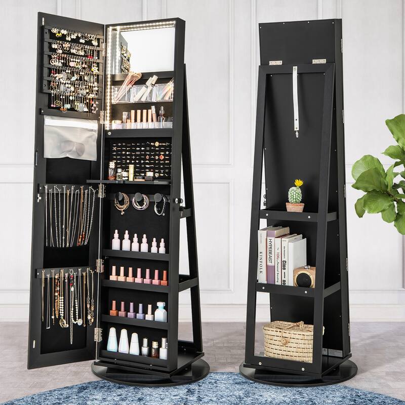 Gymax Rotating Mirrored Jewelry Cabinet Armoire 3 Color LED Modes