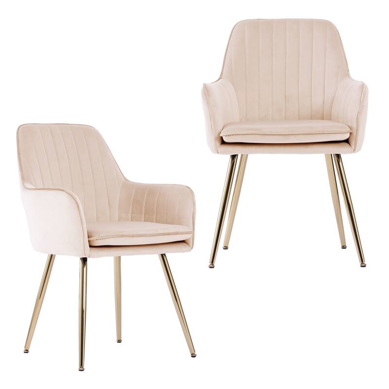 Velvet Dining Chair Set of 2 - Modern Mid-Back Accent Chairs with Gold Plated Legs - Upholstered for Living Room (Set of 2) - Beige