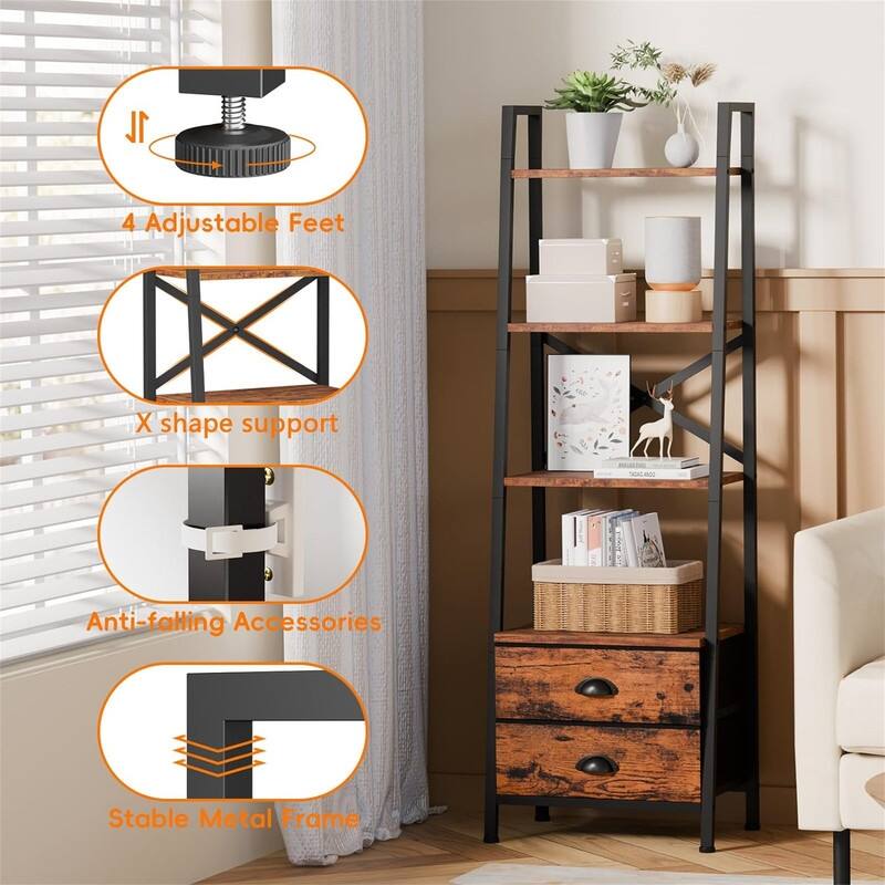 4 Tier Ladder Shelf Small Bookshelf with 2 Drawers - 11.42"D x 15.35"W x 51.97"H