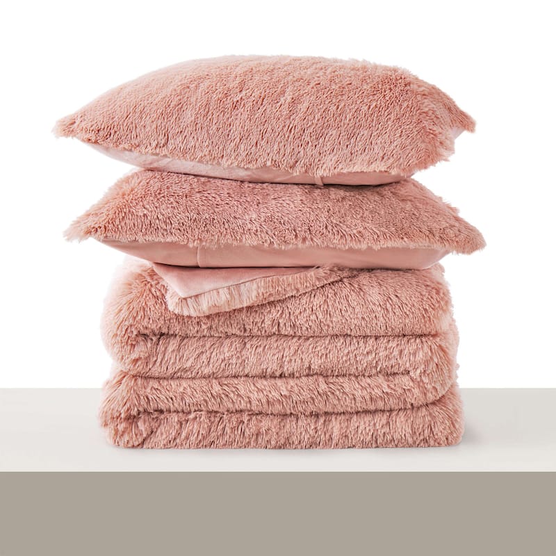 Fluffy Shaggy Reversible Faux Fur Comforter Set, Fuzzy Plush Bedding Set