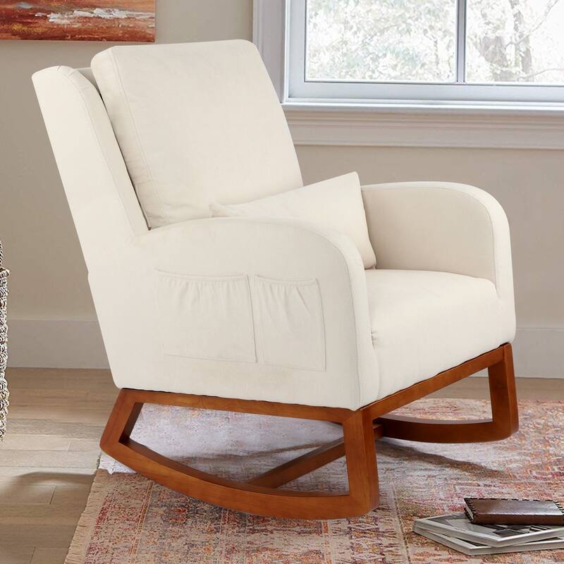 Nursery Rocking Chair High Back Armchair with Side Pocket Rubber Wood Legs and Pillow Flannel Chair for Living Room/Bedroom