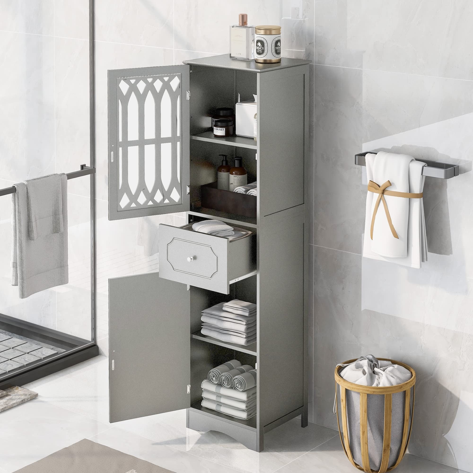 Bathroom Cabinet with Door and Drawer, Floor Freestanding Narrow Slim  Storage Tower Cabinet - Bed Bath & Beyond - 38300762