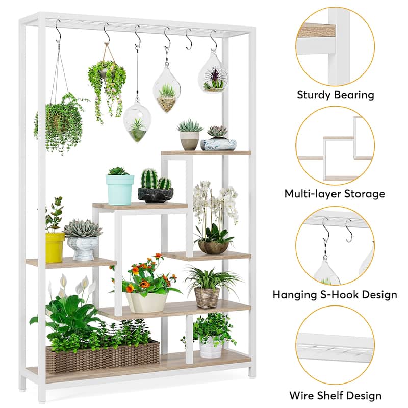 5-Tier Tall Indoor Plant Stand, Large Plant Shelf with 10PC S Hanging Hooks