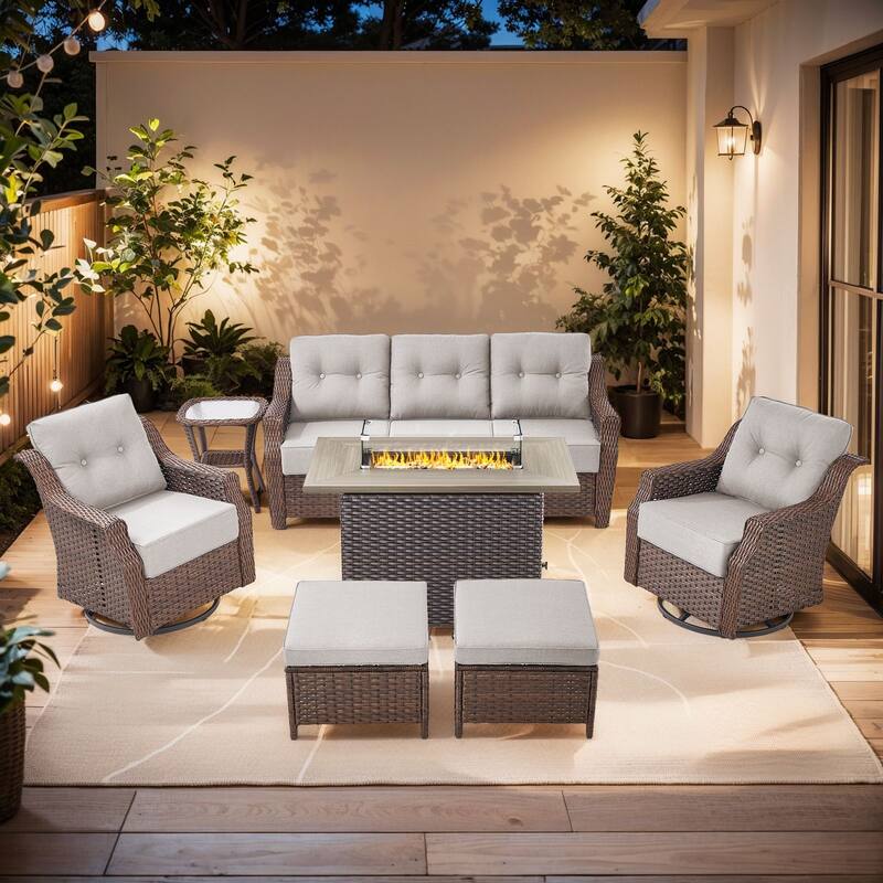 7-Piece Sofa Swivel Chairs Ottoman with 41" Fire Pit Table - Brown Wicker & Beige Cushion