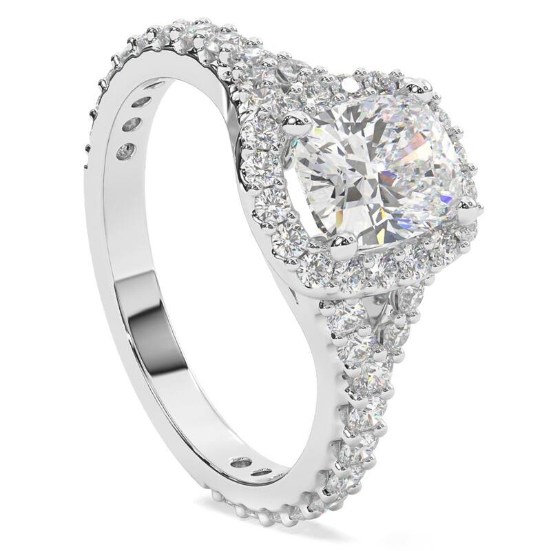 1 3/4ct Cushion Cut Diamond Halo Split Shank Engagement Ring White Gold