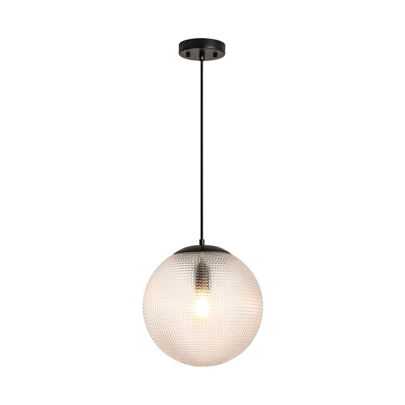 1-Light Modern Indoor Matte Black Finish Kitchen Island Pendant Lights with Globe Diamond Textured Grey/Clear Glass Shade
