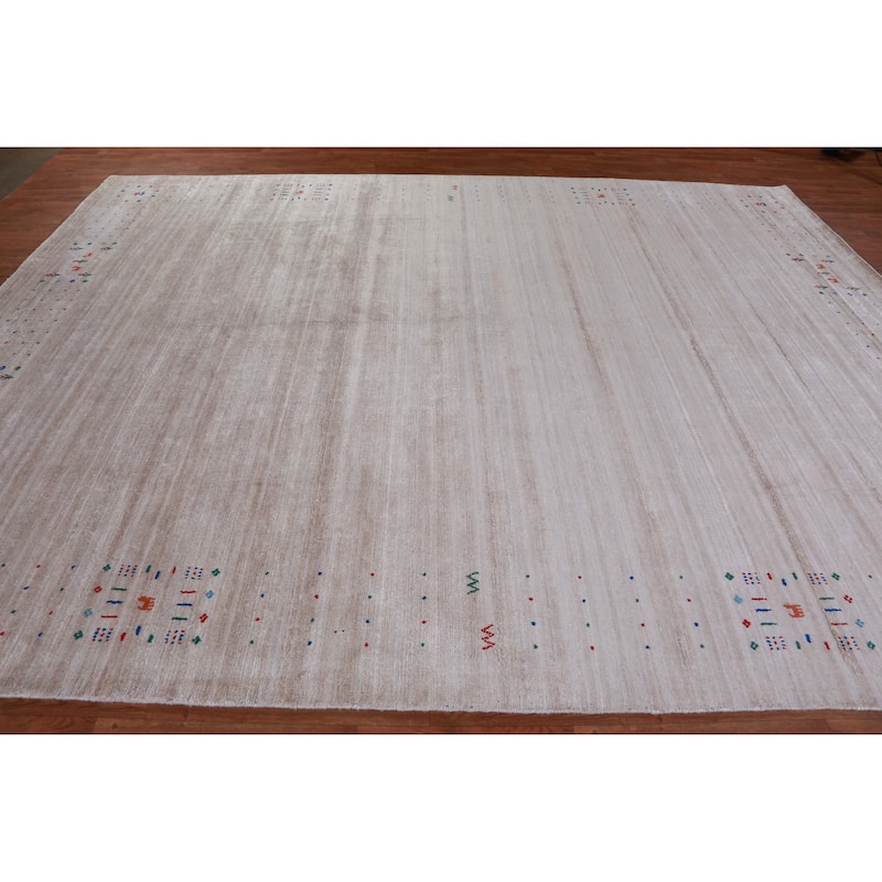 Hand Knotted Oriental Viscose Silk Carpet Tribal Stripe Greys & Charcoal Gabbeh Area Rug - 12' 4'' X 9' 3''