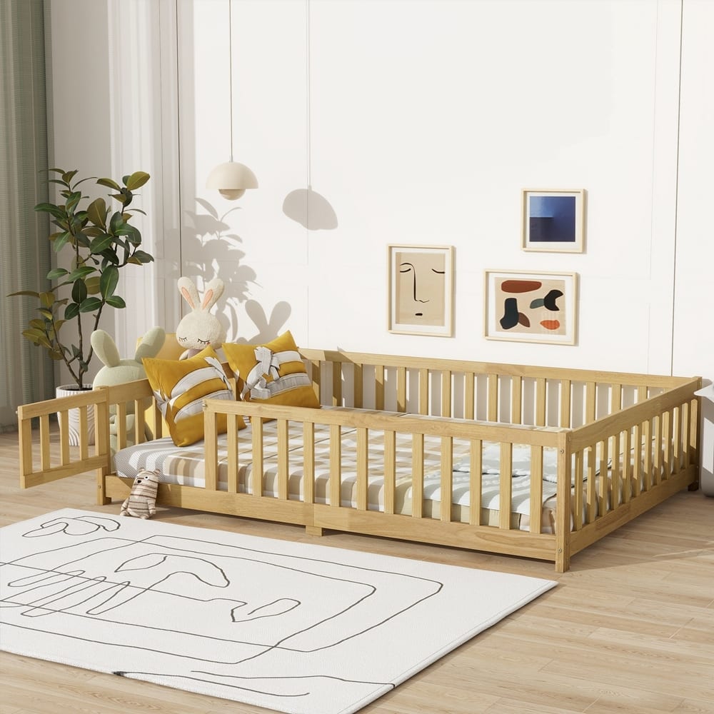 Rubber Wood Floor Bed with Safety Guardrails