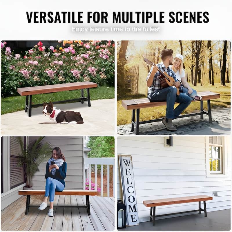 Natural Wood and Iron Outdoor Bench, 63 inches Garden Seat, 500lb Capacity - 14.3” L x 63” W x 19” H