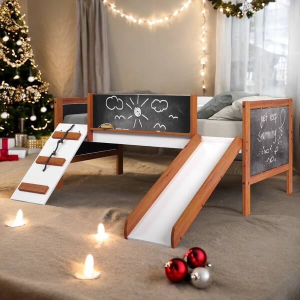 slide 2 of 12, Low Loft Design Twin Loft Bed with Slide,Kids Loft Bed Oak