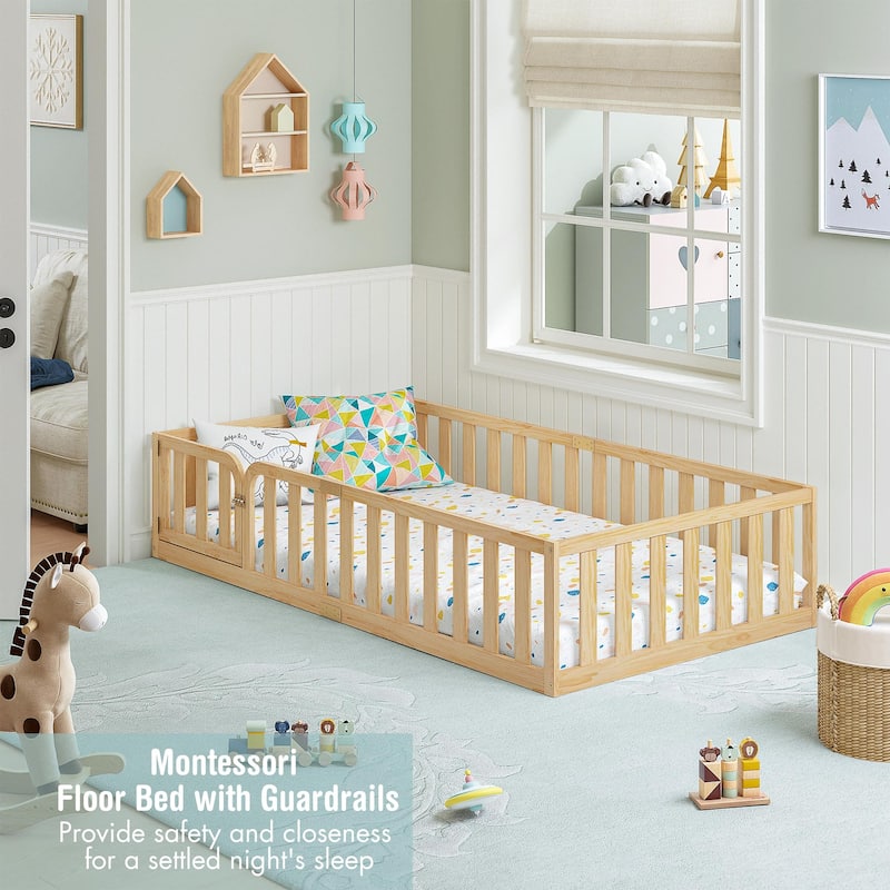 COSTARS Toddler Floor Bed with Rails for Kids, Montessori Wooden Twin Bed Frame with Door, Low to Ground