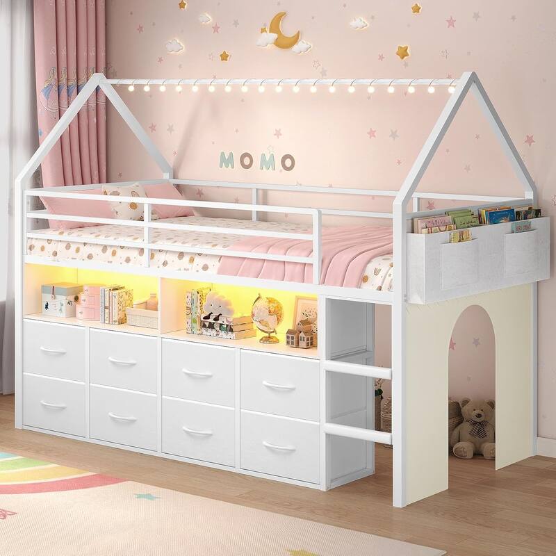 House Low Loft Bed Twin Size Storage Drawers Bookcase LED Lights - White -  8 Storage Drawers