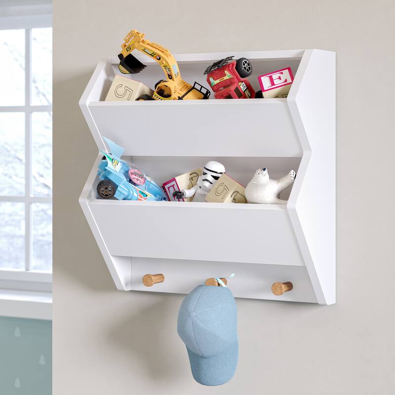 RiverRidge Kids Catch-All Wall Bookshelf with 2 Toy Storage Cubbies and 3 Wooden Hooks for Playroom, Nursery - White