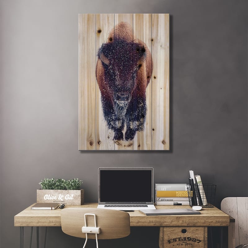 Bison In Snow Print On Wood by OLena Art - Multi-Color