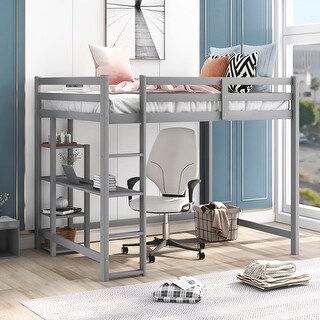Gray Full Size Pine Wood Loft Bed with Built-in Desk and Shelves