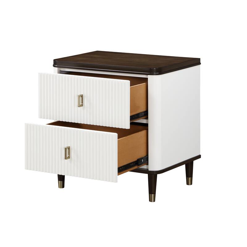 Nightstand with Slatted Drawer Fronts, Wooden Entryway Accent Table, Coffee Table with USB Port & Tapered Metal Legs