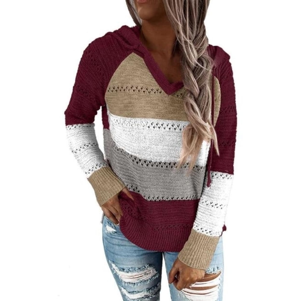 Asvivid Womens Color Block Striped Sweater V Neck Knitted Sweater Jumper Tops