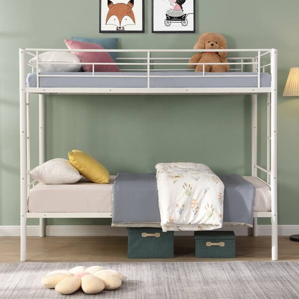 slide 2 of 11, Metal Bunk Bed with Sturdy Steel Construction ,Twin over Twin Design for Space Efficiency and Child Safety White