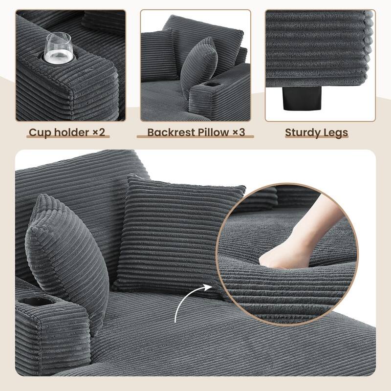 Chaise-Style Corduroy Sofa with Cup Holders and 3 Back Cushions - Reclining Lounge Design