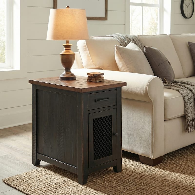 Rustic Solid Wood Chairside End Table with Hidden Charging Station - Black with Brown Top
