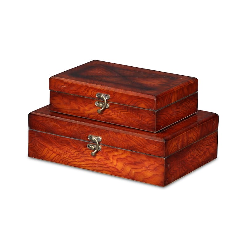 Brown Wooden Burlwood Veneer X Design Storage Boxes (Set of 2)