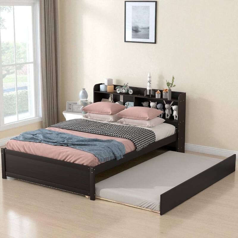 Twin/Full Bed Frame with Pull-Out Trundle and Bookcase Headboard, No Box Spring Needed