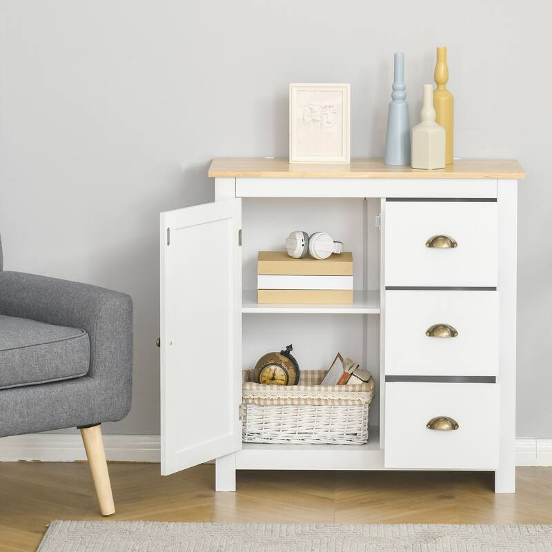 HOMCOM Modern Floor Cabinet, Storage Sideboard, Kitchen Buffet Table w/ Rubberwood Top, 3 Drawers and Cabinet