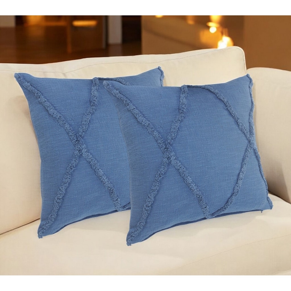 Set of Two Blue Diamond Cotton Throw Pillow With Fringe